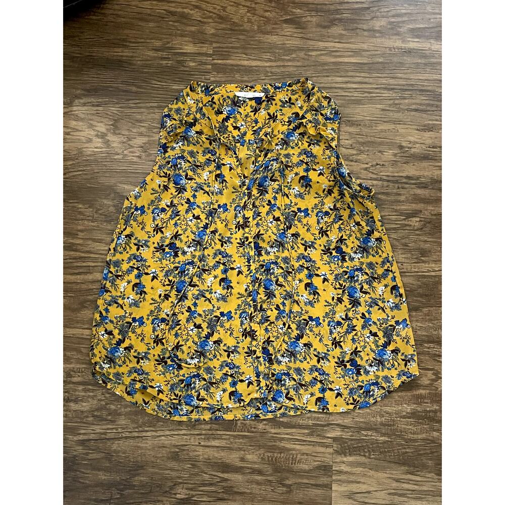 Fun2Fun Ulrica Tie Neck Blouse gold blue floral‎ women's size M